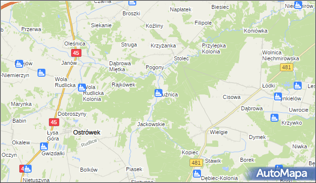 mapa Kuźnica gmina Ostrówek, Kuźnica gmina Ostrówek na mapie Targeo