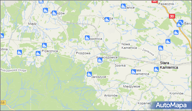 mapa Kwieciszowice, Kwieciszowice na mapie Targeo