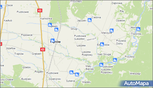 mapa Łaszew gmina Wierzchlas, Łaszew gmina Wierzchlas na mapie Targeo