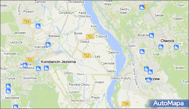 mapa Łęg gmina Konstancin-Jeziorna, Łęg gmina Konstancin-Jeziorna na mapie Targeo