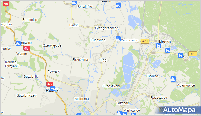 mapa Łęg gmina Nędza, Łęg gmina Nędza na mapie Targeo