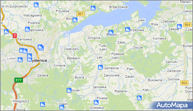 mapa Łęki gmina Myślenice, Łęki gmina Myślenice na mapie Targeo