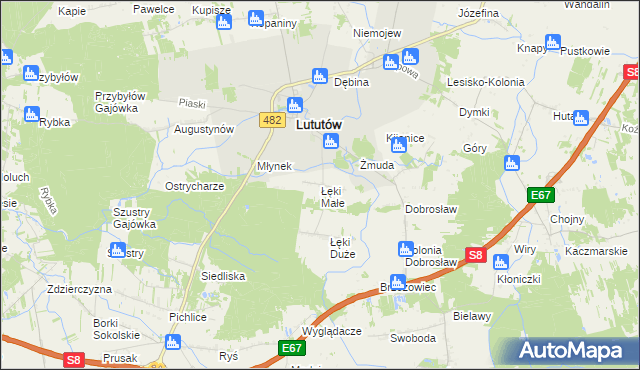 mapa Łęki Małe gmina Lututów, Łęki Małe gmina Lututów na mapie Targeo