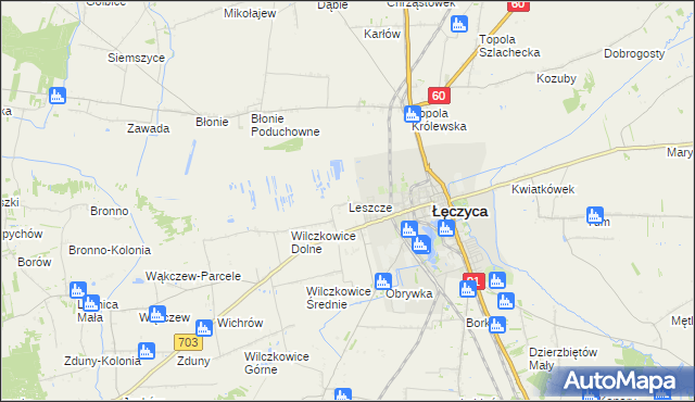 mapa Leszcze gmina Łęczyca, Leszcze gmina Łęczyca na mapie Targeo