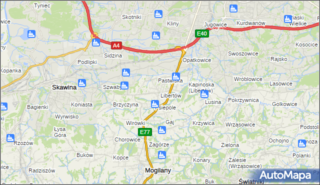 mapa Libertów gmina Mogilany, Libertów gmina Mogilany na mapie Targeo