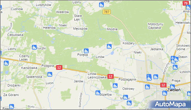 mapa Linów gmina Zwoleń, Linów gmina Zwoleń na mapie Targeo