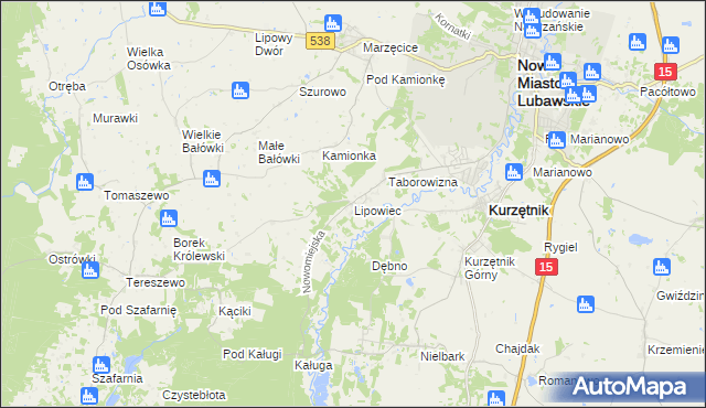mapa Lipowiec gmina Kurzętnik, Lipowiec gmina Kurzętnik na mapie Targeo