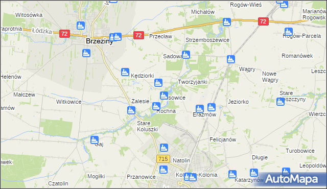 mapa Lisowice gmina Koluszki, Lisowice gmina Koluszki na mapie Targeo