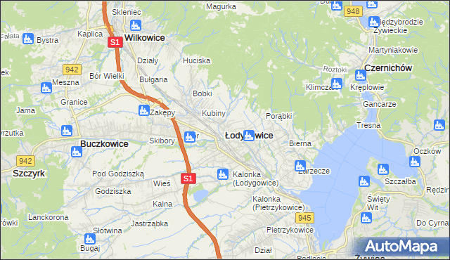 mapa Łodygowice powiat żywiecki, Łodygowice powiat żywiecki na mapie Targeo