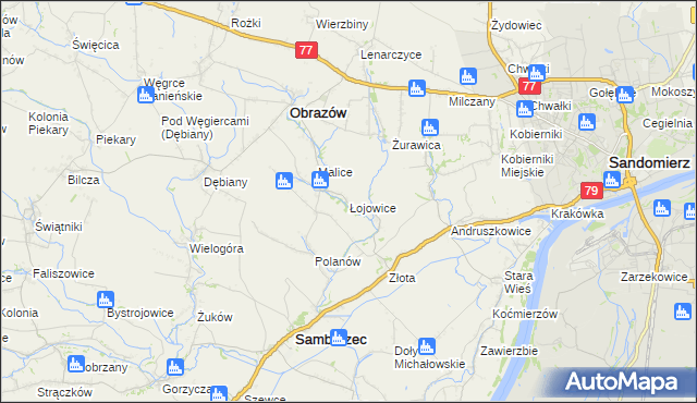 mapa Łojowice gmina Samborzec, Łojowice gmina Samborzec na mapie Targeo