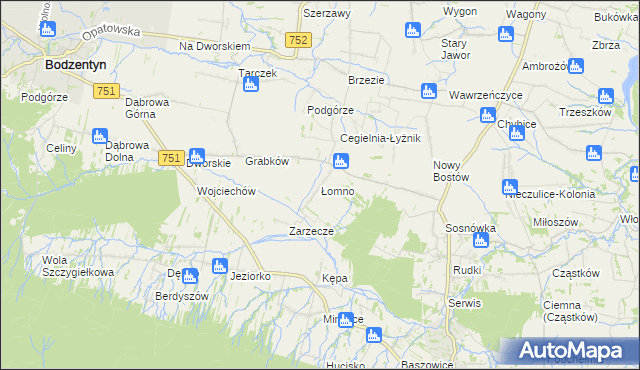 mapa Łomno gmina Pawłów, Łomno gmina Pawłów na mapie Targeo
