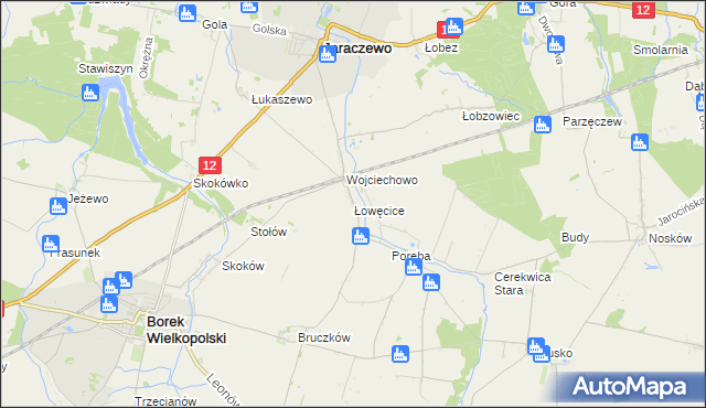 mapa Łowęcice gmina Jaraczewo, Łowęcice gmina Jaraczewo na mapie Targeo
