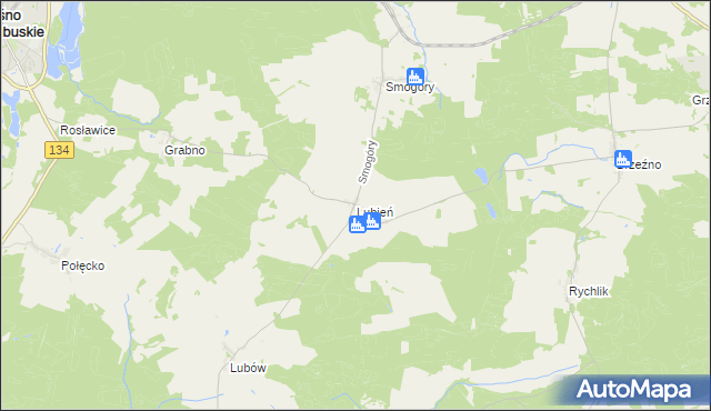 mapa Lubień gmina Ośno Lubuskie, Lubień gmina Ośno Lubuskie na mapie Targeo