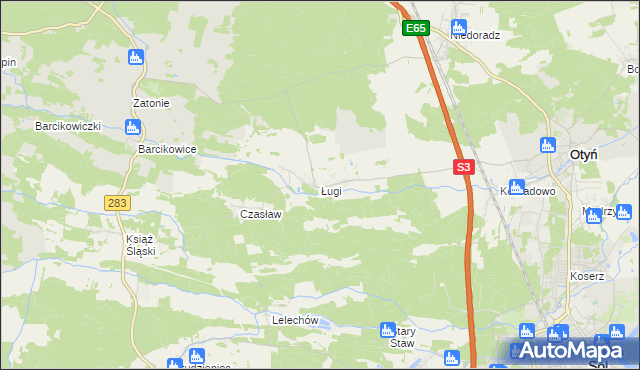 mapa Ługi gmina Otyń, Ługi gmina Otyń na mapie Targeo