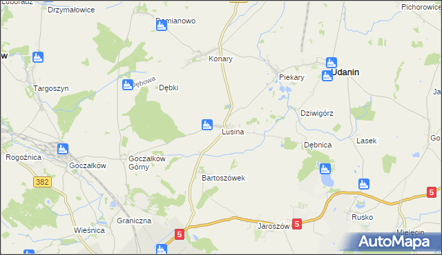 mapa Lusina gmina Udanin, Lusina gmina Udanin na mapie Targeo