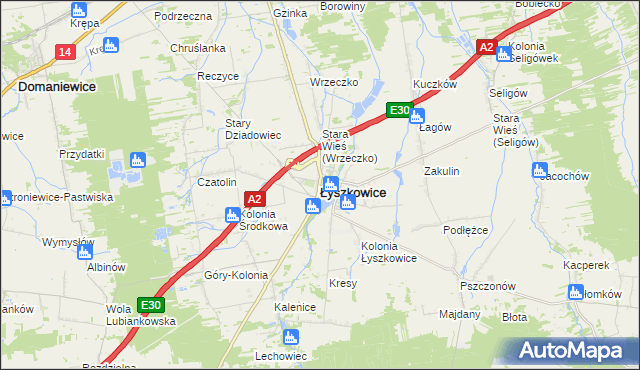 mapa Łyszkowice powiat łowicki, Łyszkowice powiat łowicki na mapie Targeo
