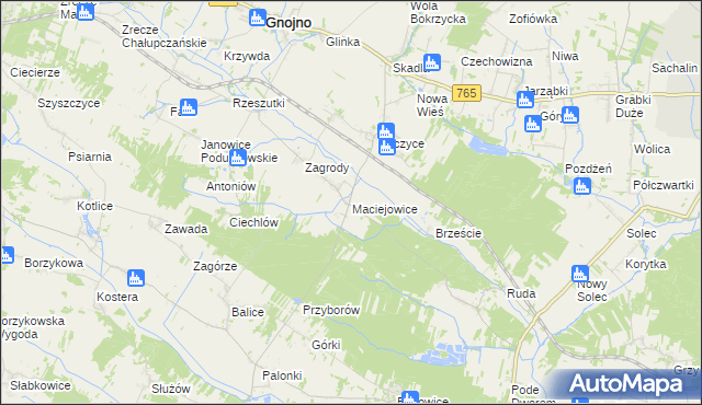 mapa Maciejowice gmina Gnojno, Maciejowice gmina Gnojno na mapie Targeo