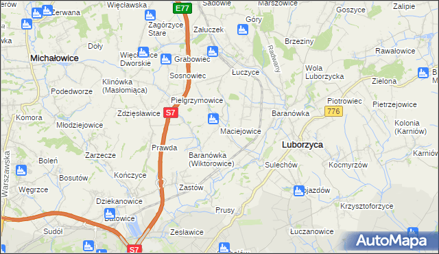 mapa Maciejowice gmina Kocmyrzów-Luborzyca, Maciejowice gmina Kocmyrzów-Luborzyca na mapie Targeo