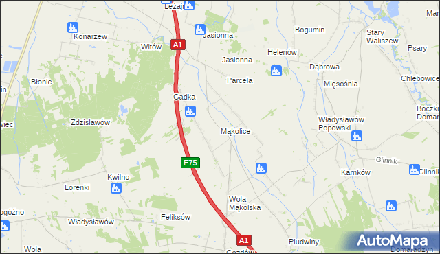 mapa Mąkolice gmina Głowno, Mąkolice gmina Głowno na mapie Targeo