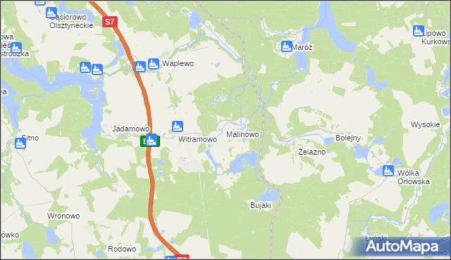 mapa Malinowo gmina Olsztynek, Malinowo gmina Olsztynek na mapie Targeo