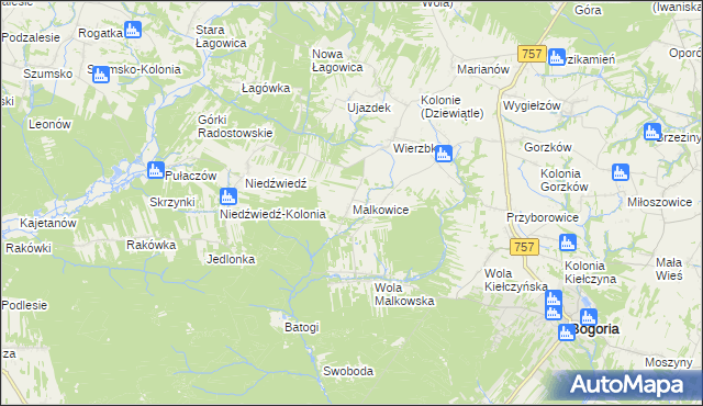 mapa Malkowice gmina Bogoria, Malkowice gmina Bogoria na mapie Targeo