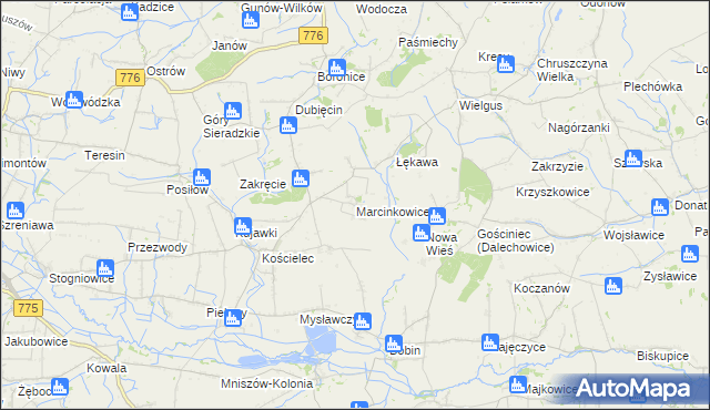 mapa Marcinkowice gmina Kazimierza Wielka, Marcinkowice gmina Kazimierza Wielka na mapie Targeo