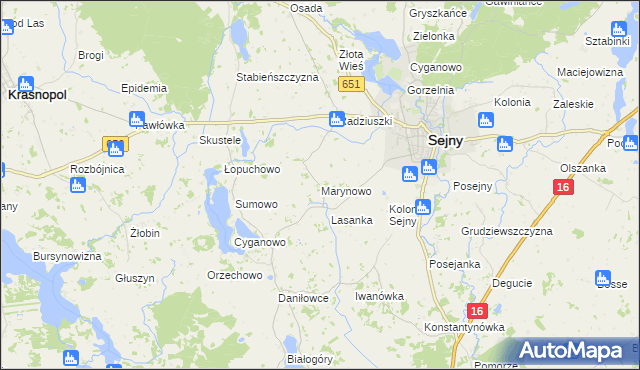 mapa Marynowo gmina Sejny, Marynowo gmina Sejny na mapie Targeo