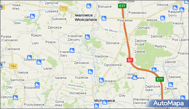 mapa Maszków gmina Iwanowice, Maszków gmina Iwanowice na mapie Targeo