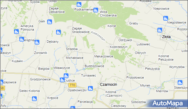 mapa Mękarzowice gmina Czarnocin, Mękarzowice gmina Czarnocin na mapie Targeo