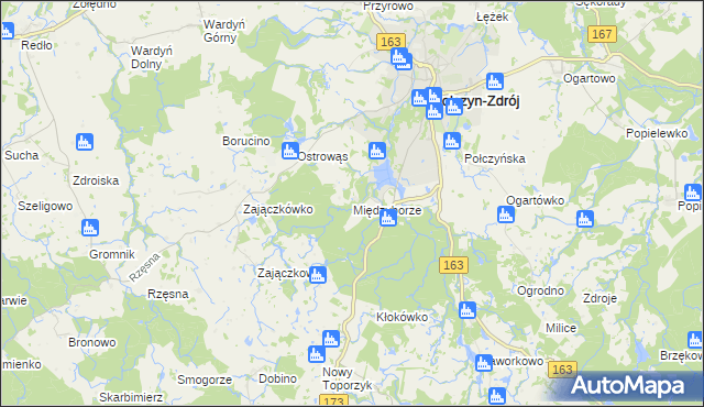 mapa Międzyborze gmina Połczyn-Zdrój, Międzyborze gmina Połczyn-Zdrój na mapie Targeo