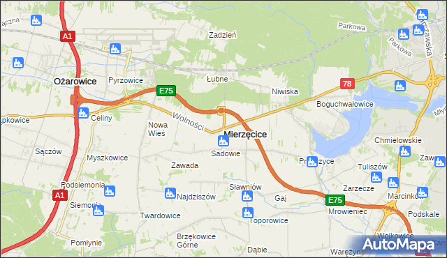 mapa Mierzęcice, Mierzęcice na mapie Targeo