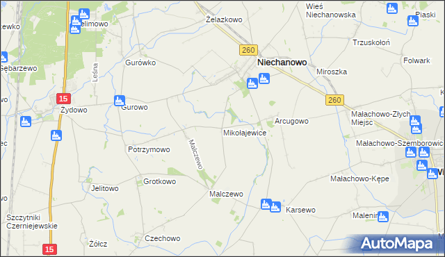 mapa Mikołajewice gmina Niechanowo, Mikołajewice gmina Niechanowo na mapie Targeo