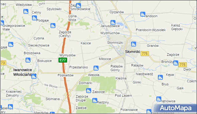 mapa Miłocice gmina Słomniki, Miłocice gmina Słomniki na mapie Targeo
