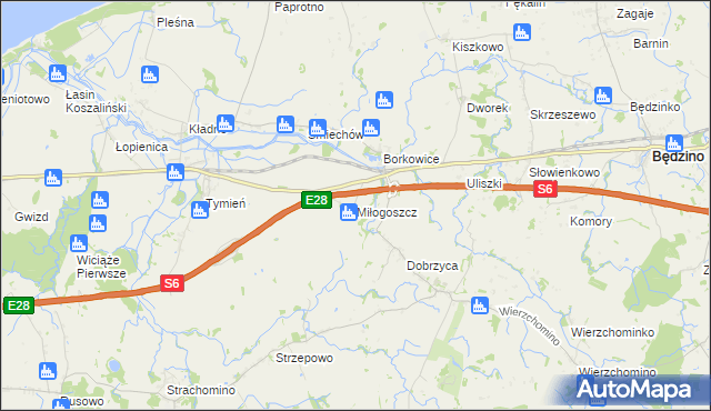 mapa Miłogoszcz gmina Będzino, Miłogoszcz gmina Będzino na mapie Targeo