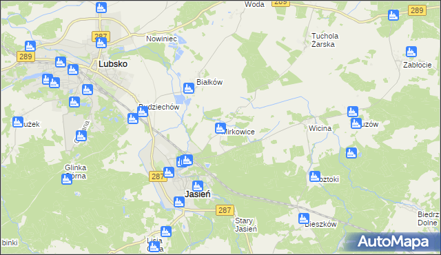 mapa Mirkowice gmina Jasień, Mirkowice gmina Jasień na mapie Targeo