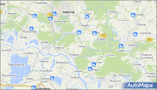 mapa Mirów gmina Alwernia, Mirów gmina Alwernia na mapie Targeo