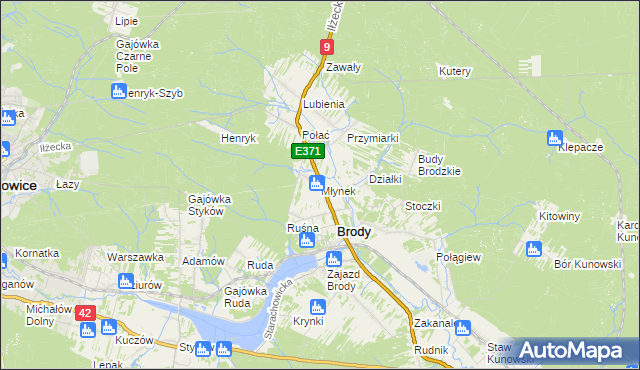 mapa Młynek gmina Brody, Młynek gmina Brody na mapie Targeo