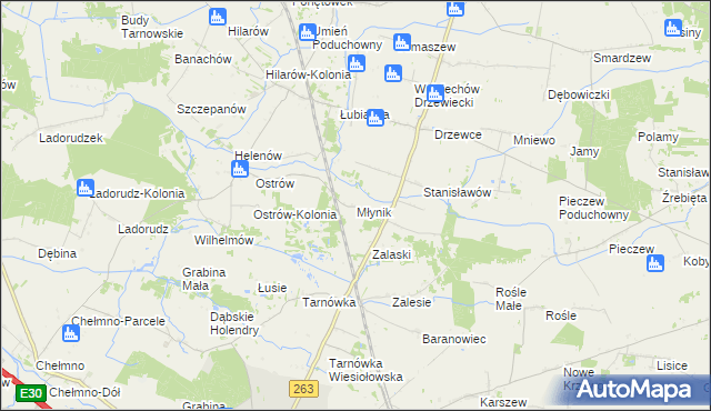 mapa Młynik gmina Olszówka, Młynik gmina Olszówka na mapie Targeo