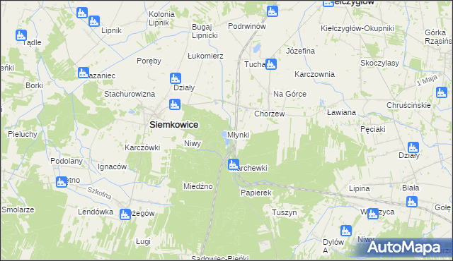 mapa Młynki gmina Siemkowice, Młynki gmina Siemkowice na mapie Targeo