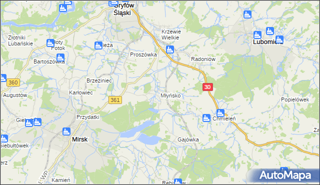 mapa Młyńsko gmina Gryfów Śląski, Młyńsko gmina Gryfów Śląski na mapie Targeo