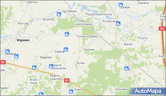 mapa Modlinek gmina Wąsewo, Modlinek gmina Wąsewo na mapie Targeo