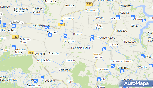 mapa Modrzewie gmina Pawłów, Modrzewie gmina Pawłów na mapie Targeo