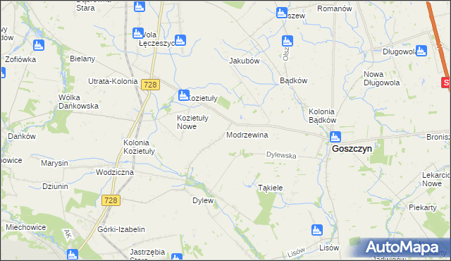 mapa Modrzewina gmina Goszczyn, Modrzewina gmina Goszczyn na mapie Targeo