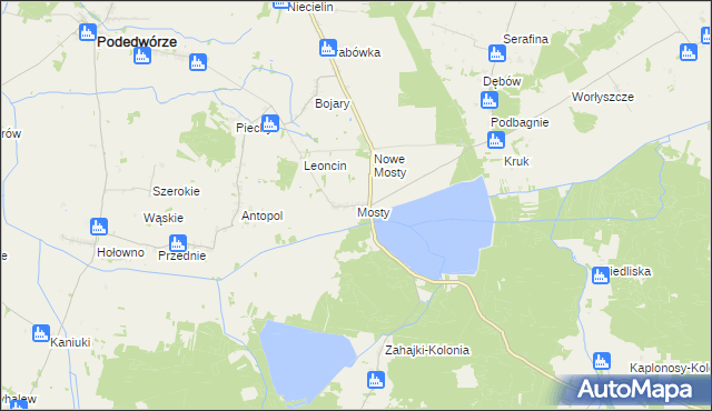 mapa Mosty gmina Podedwórze, Mosty gmina Podedwórze na mapie Targeo