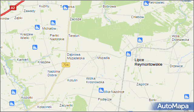 mapa Mszadla gmina Lipce Reymontowskie, Mszadla gmina Lipce Reymontowskie na mapie Targeo