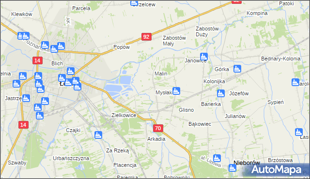 mapa Mysłaków gmina Nieborów, Mysłaków gmina Nieborów na mapie Targeo
