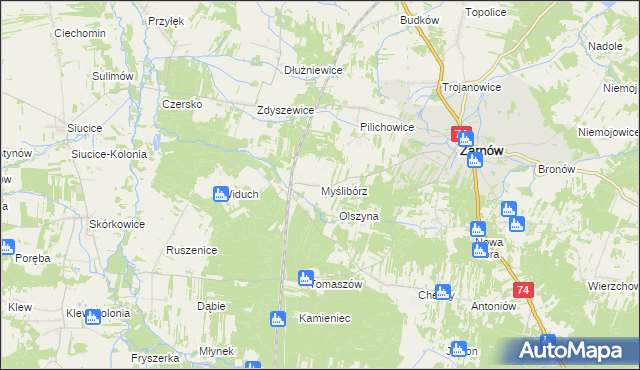 mapa Myślibórz gmina Żarnów, Myślibórz gmina Żarnów na mapie Targeo