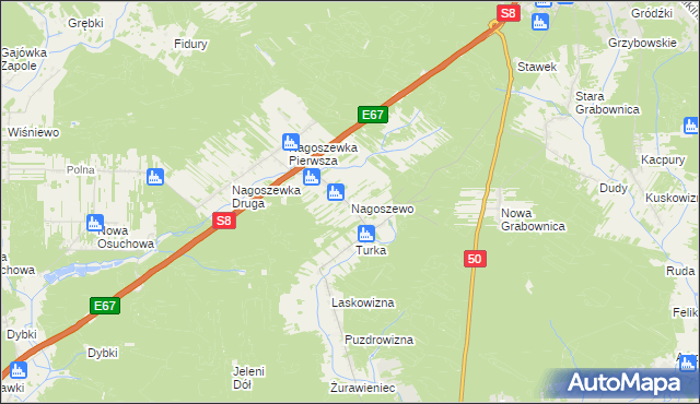 mapa Nagoszewo gmina Ostrów Mazowiecka, Nagoszewo gmina Ostrów Mazowiecka na mapie Targeo
