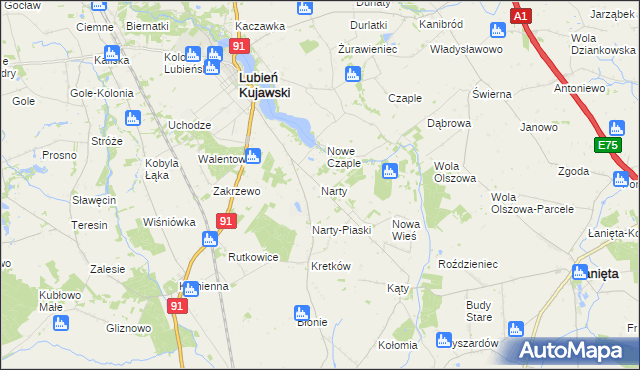mapa Narty gmina Lubień Kujawski, Narty gmina Lubień Kujawski na mapie Targeo