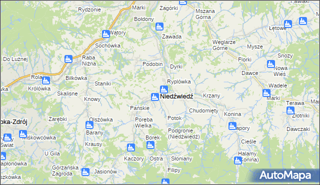 mapa Niedźwiedź powiat limanowski, Niedźwiedź powiat limanowski na mapie Targeo